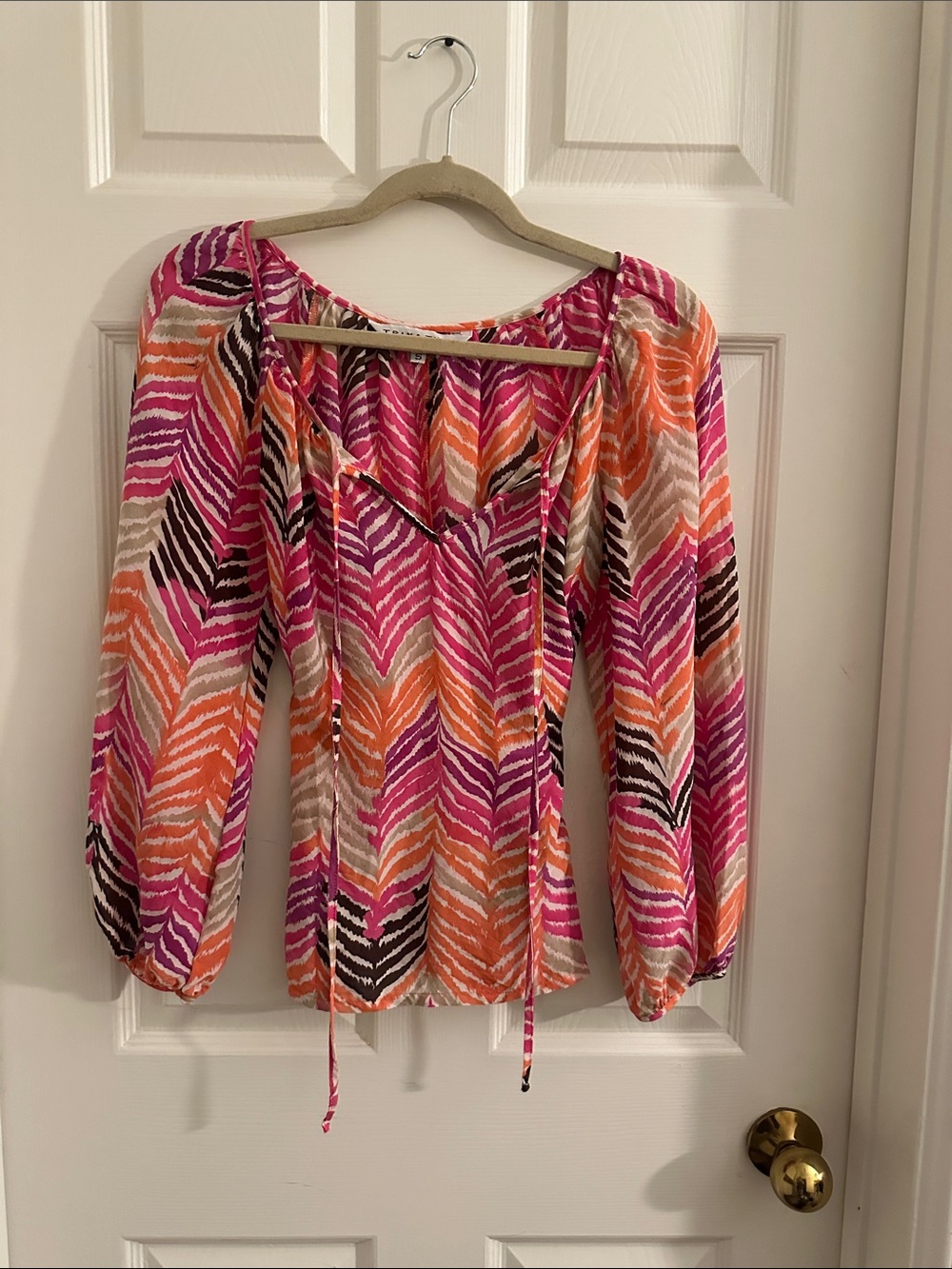 Trina Turk Pink Orange Multi Chevron Long Sleeve V-Neck Blouse